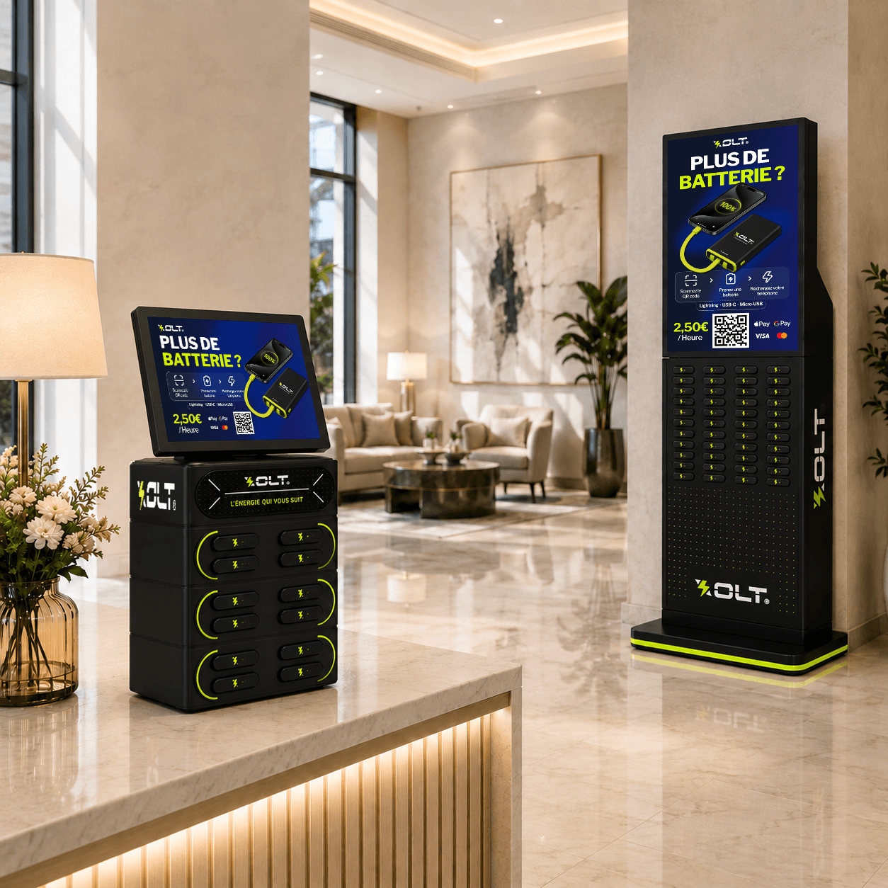Borne XOLT installée dans un lobby d'hôtel